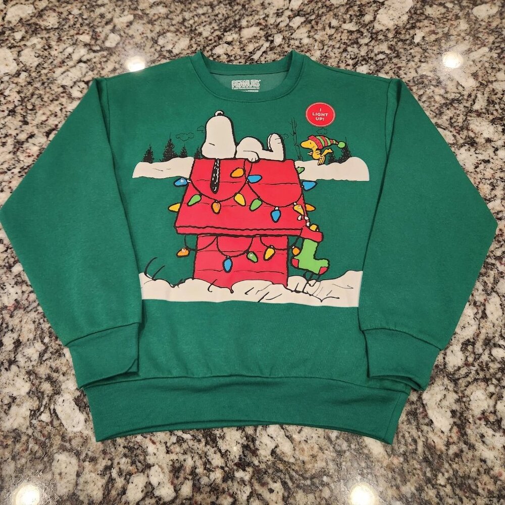 NEW Green Sz XXS SNOOPY Woodstock Christmas LIGHT UP Roomy Sweatshirt Womens NWT